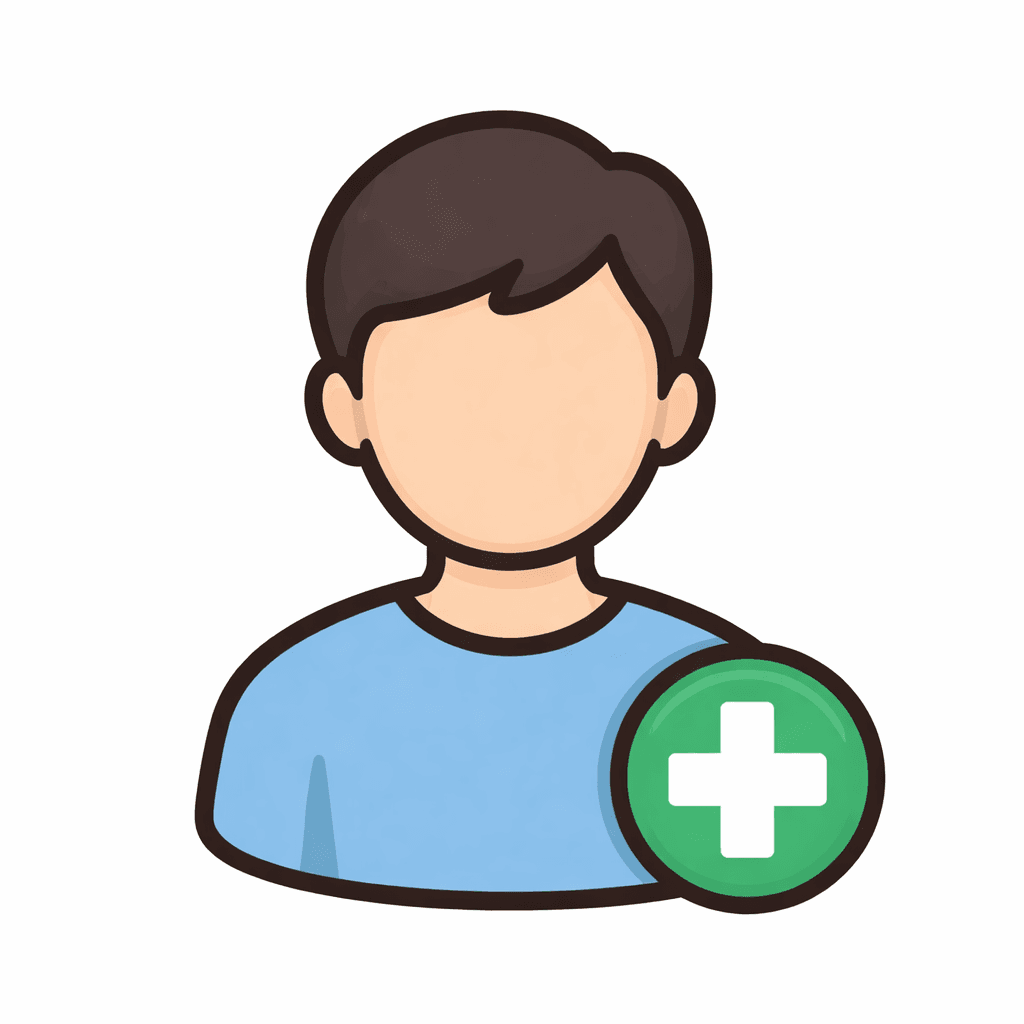 Cartoon avatar with brown hair and blue shirt, featuring a green add user icon.