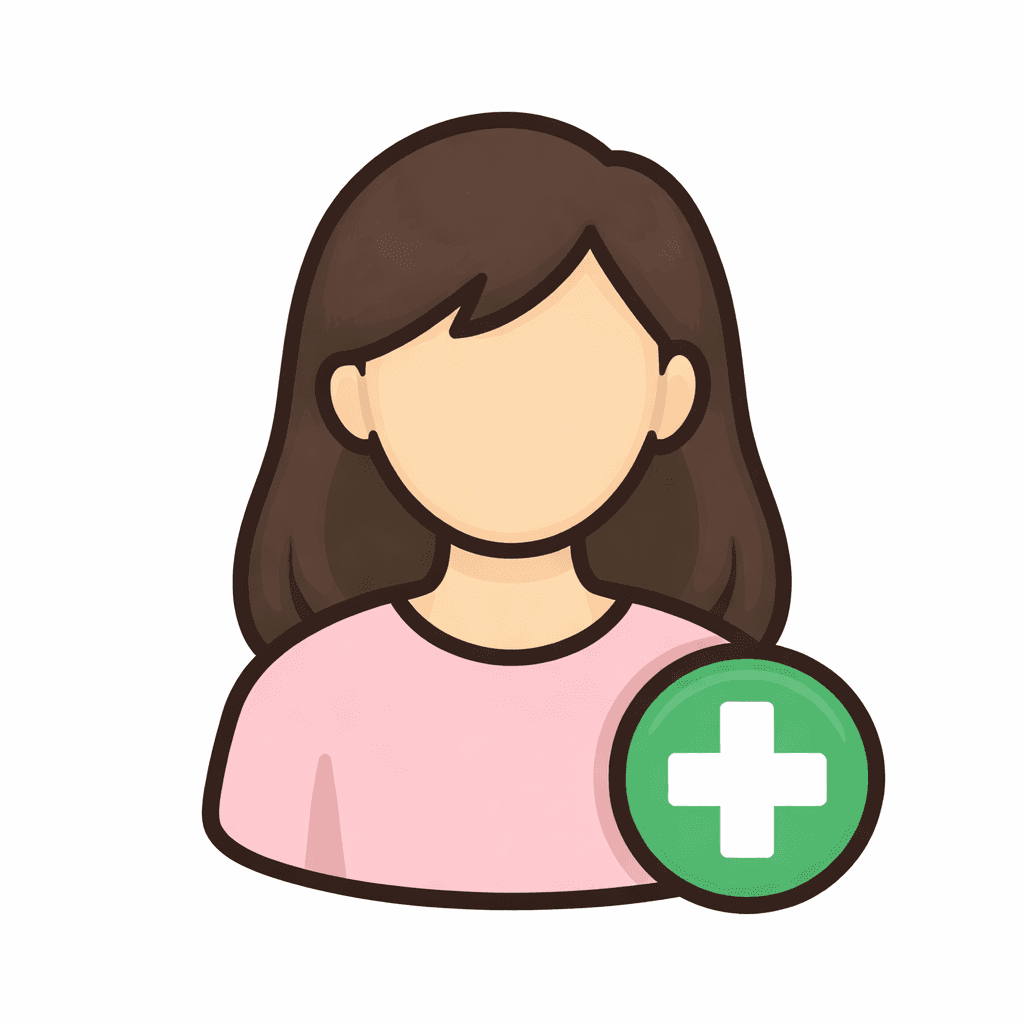 Faceless cartoon woman with brown hair and pink shirt, featuring a green plus sign icon.
